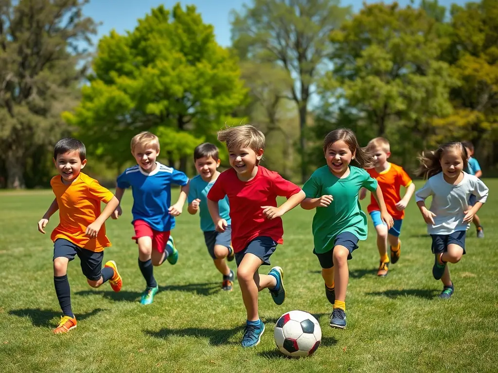 An image depicting children laughing and playing various sports games at a summer camp organized by LA ROUE GUATAISE.