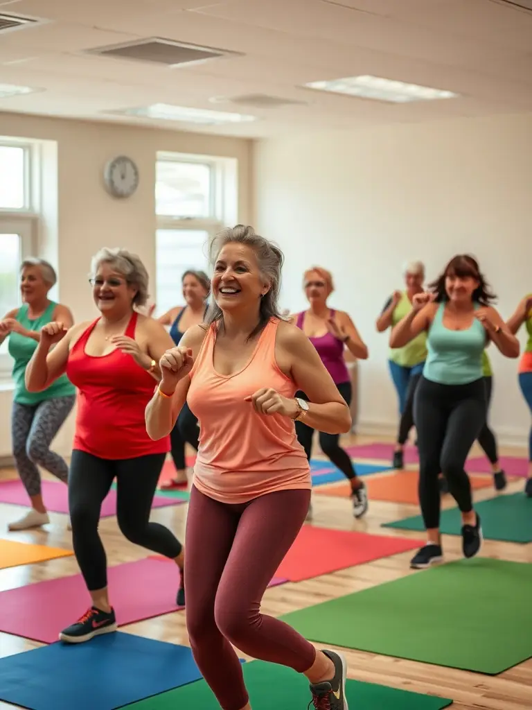 A dynamic shot of a group participating in a Zumba class in a community center, highlighting energy, movement, and the joy of dance, organized by LA ROUE GUATAISE.