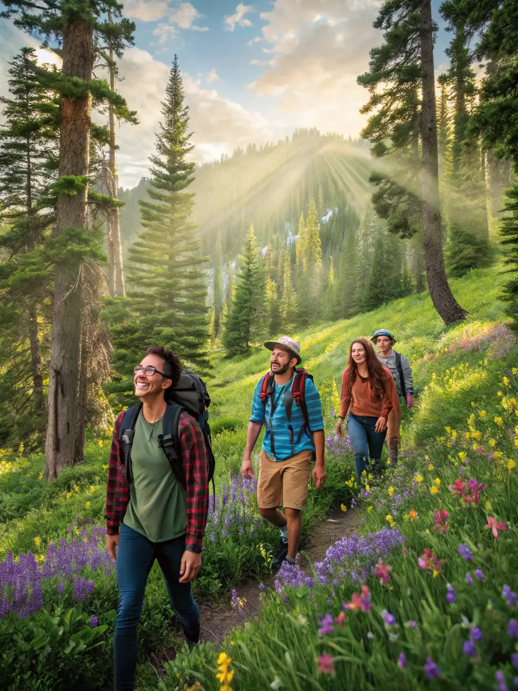 A scenic image of a group hiking through a lush trail, showcasing the beauty of nature and the camaraderie of the participants, organized by LA ROUE GUATAISE.