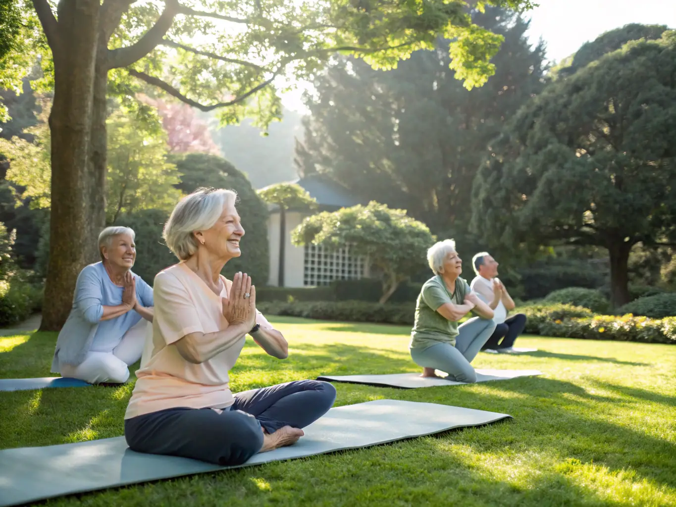 A photograph showcasing a group of seniors participating in a gentle yoga session outdoors, with a serene and supportive atmosphere.