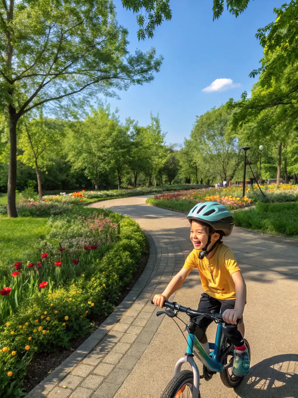 A vibrant photograph of children learning basic cycling skills in a park, guided by instructors, emphasizing safety and enjoyment, organized by LA ROUE GUATAISE.