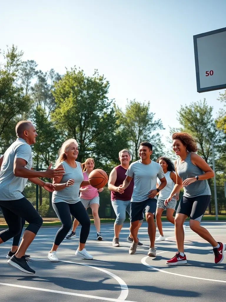 A group of diverse individuals participating in a friendly basketball game outdoors, showcasing teamwork and community spirit, under the banner of LA ROUE GUATAISE.